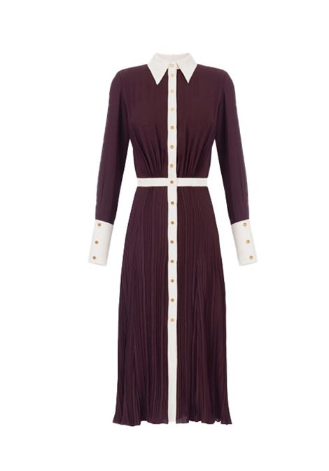 Abito ELISABETTA FRANCHI donna ABT0256 Bordeaux viscosa slim collo a camicia polsi alti gonna plissè bottoni metallo dorato ELISABETTA FRANCHI | ABT0256EH8